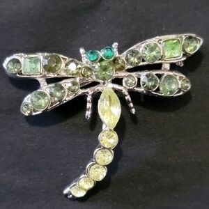 1960's Art Nouveau Green Rhinestone Dragonfly Brooch Pins - Twins (2 pieces)